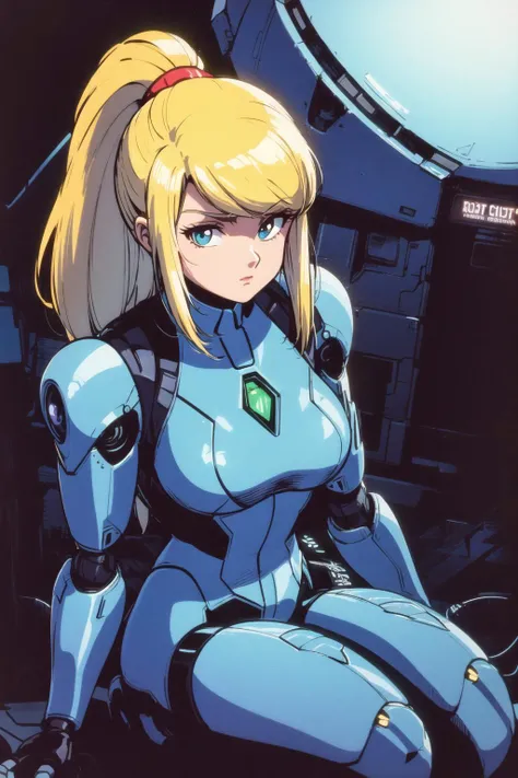 samus aran from metroid, 1girl, sitting in cockpit pilot chair, (((cyberpunk))), cyborg, (robotic body, in blue ((heavy)) robotic suite:1.3), heavy massive mechanical shoulderpads, looking at the viewer, determined, blonde hair, ponytail, retro artstyle, 1980s (style) , dark spaceship cockpit backgorund