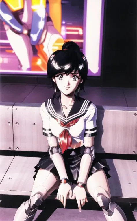 (urushihara satoshi), 1990s (style), retro artstyle, taking a cute selfie, peace sign with her hand, neon lights, view from below, xyztsuki, 1girl, solo, short black hair, skirt, school uniform, robot joints, smile, sitting on a bench, view from above, <lora:VRAMsTsuki:.7>