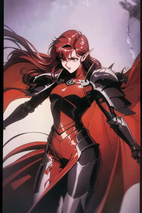 1990s (style), retro artstyle, a demon  with savage long wavy Red hair wearing armor with a Scarlet cape, regal , in a stream, cowboy shot,