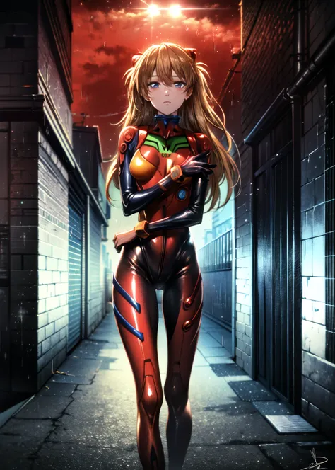 best quality, masterpiece, realistic, photorealistic, <lora:AsukaLangleySouryuuV2-000015:0.8> souryuu asuka langley, 1girl, solo, , breasts, looking at viewer, red bodysuit, detailed background, in street, light, rain <lora:DarkIncursioStyle:1> night, \(dark environment\)
BREAK
outdoors, twilight, raytracing <lora:add_detail:1>