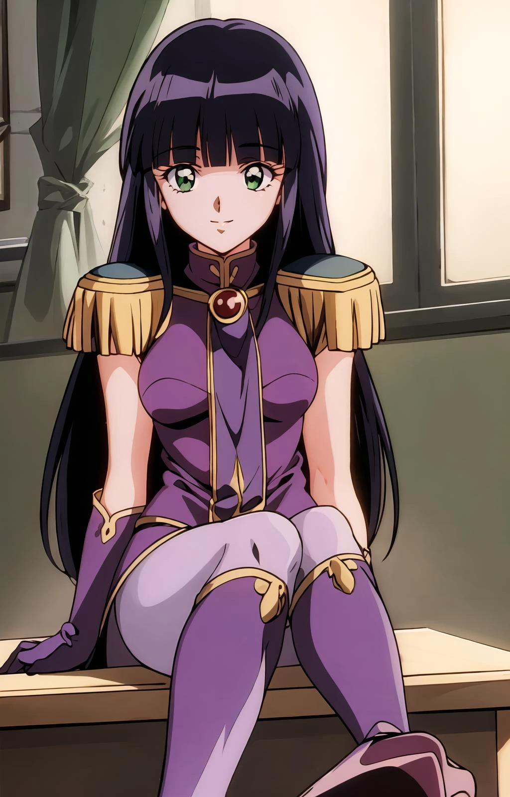 1980s \(style\),<lora:Sylphiel_Nels_Lahda-10:0.8>Masterpeace,high quality,Sylphiel_Nels_Lahda, 1girl, solo, long hair, black hair, green eyes,blunt bangs,pantyhose, knee boots, purple gloves, purple footwear,epaulettes,blunt bangs,light smile, praying,indoors, sitting on desk,