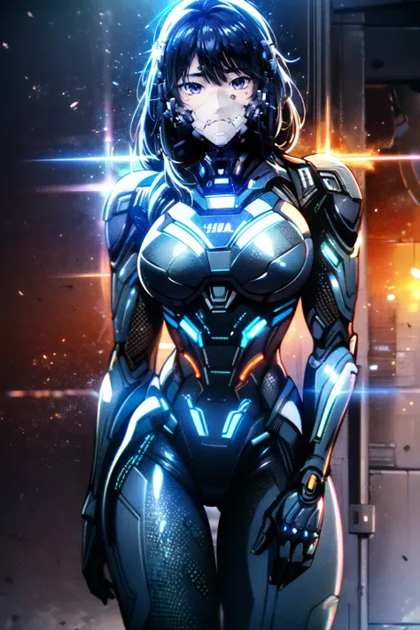 close up, 1girl, beautiful robot woman, standing, (Ultron amour, black hard futuristic armor, lava cyborg armor with golden zodiac arcs), transcendence glow halo, glow radiance, daylight, neon cyberpunk city, red neon light holography, yellow neon flare, fusion core, (Ultron Warframe Suit), <lora:Mecharobot:0.8> <lora:DarkIncursioStyle:1> night, \(dark environment\)
BREAK
cyberpunk streets, twilight, raytracing <lora:add_detail:1>