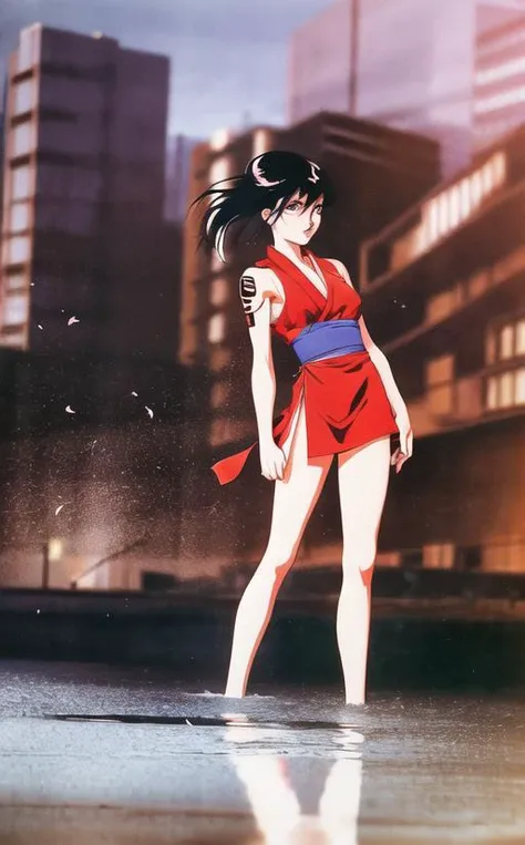 (urushihara satoshi), 1990s (style), retro artstyle, a photo of fthcnnrs woman wearing a red dress, sleeveless kimono, arm tattoo, standing on water, reflections, city, sakura petals floating in the air <lora:Faith_Connors:.9>