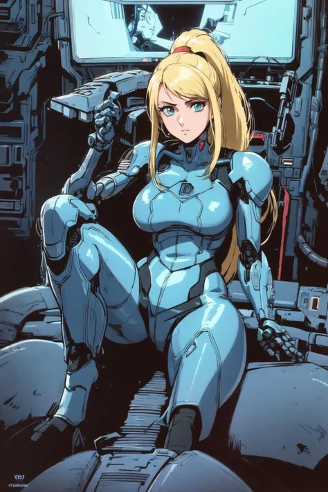 samus aran from metroid, 1girl, sitting in cockpit pilot chair,record of lodoss war,(((cyberpunk))), cyborg, (robotic body, in blue ((heavy)) robotic suite:1.3), heavy massive mechanical shoulderpads, looking at the viewer, determined, blonde hair, ponytail, retro artstyle, 1980s (style) , dark spaceship cockpit backgorund