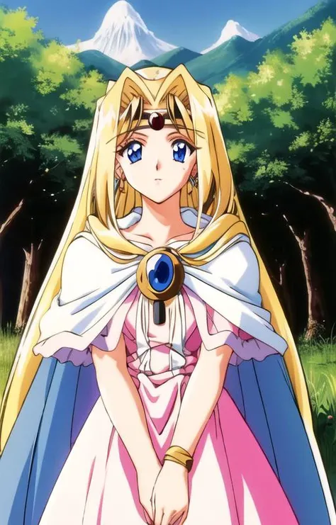 1980s \(style\),<lora:Filia_Ul_Copt:1>outdoor,forest,Masterpeace,high quality,Filia_Ul_Copt, 1girl,solo, long hair, blonde hair, dress, jewelry, cape,blue eyes, brooch,circlet