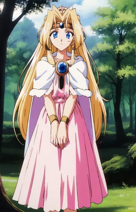 1980s \(style\),<lora:Filia_Ul_Copt:1>outdoor,forest,Masterpeace,high quality,Filia_Ul_Copt, 1girl,solo, long hair, blonde hair, dress, jewelry, cape,blue eyes, brooch,circlet