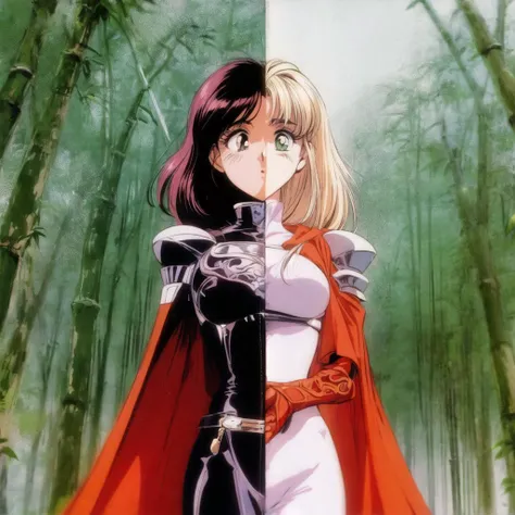 retro artstyle, , 1990s (style), a protaganist swordsman with long straight Rose gold hair with bangs wearing armor with a Fuchsia cape, regal , in a bamboo forest <lora:add_detail:0.5> Alita