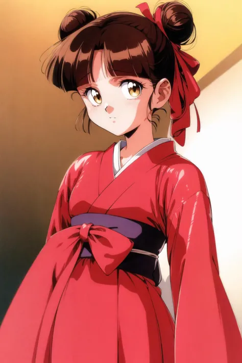1990s (style), miyu_(vampire_princess_miyu), 1girl, solo, long hair, looking at viewer, bangs, brown hair, hair ornament, long sleeves, ribbon, brown eyes, hair ribbon, yellow eyes, sidelocks, cowboy shot, japanese clothes, blunt bangs, hair bun, side ponytail, red ribbon, single hair bun, tress ribbon, hime cut, retro artstyle, single side bun