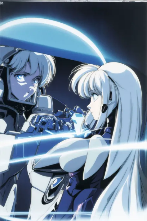 Naomi Armitage, 1girl, solo, Disappointment vibe, futuristic female android, flowing silver hair, gazes at her reflection in a fragmented mirror, revealing a complex web of glowing circuitry embedded in her pale skin, 1990s (style), low angle, silhouetted against the bright light, hologram effect, retro artstyle