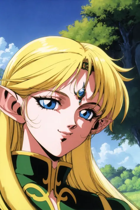 deedlit, record of lodoss war, 1girl, solo, long hair, looking at viewer, smile, bangs, blue eyes, blonde hair, green eyes, outdoors, sky, day, pointy ears, tree, half-closed eyes, elf, portrait, nature, close-up, circlet, retro artstyle, 1990s (style), 1980s (style), anime coloring, long pointy ears