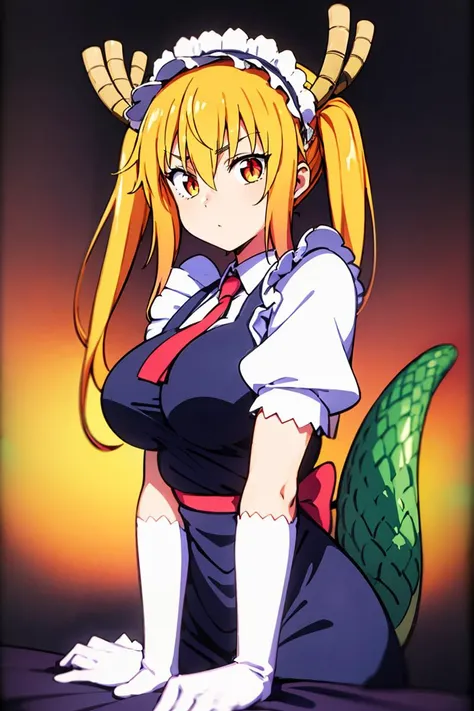 (masterpiece, best quality), 1girl,   <lora:Tohru:1> tohru, 1girl, long hair, horns, dragon horns, solo, dragon girl, twintails, looking at viewer, maid headdress, slit pupils, large breasts, maid, gloves, white gloves, hair between eyes, tail, dragon tail, short sleeves, dress, scales