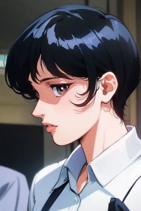 1girl, solo, looking at viewer, short hair, bangs, shirt, black hair, brown eyes, upper body, outdoors, parted lips, collared shirt, blurry, black eyes, lips, profile, blue shirt, portrait, close-up, retro artstyle, police, police uniform