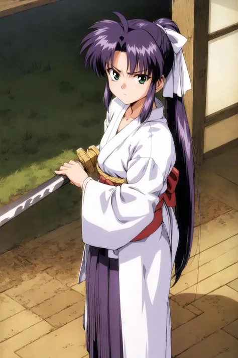 Anime girl with long purple hair holding a sword in front of a building ...