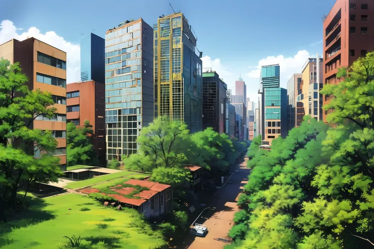 1980s \(style\), by hirano toshihiro, sityscape, abandoned (city:1.2), trees, overgrown,