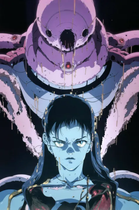 Ghost in the Shell (1995) Style, close shot, solo, long hair, lot of wires, robot eyes, (monstrous, horror,:1.5), male, cybernetic, cables, cyborg, prostethics, lot of wires in it's body and head and arms, futuristic, implants, retro artstyle, 1990s \(style\), style of Mamoru Oshii, OVA, Anime screencap
