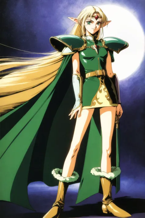 deedlit, record of lodoss war, 1girl, solo, long hair, looking at viewer, smile, bangs, blonde hair, dress, holding, very long hair, green eyes, standing, full body, weapon, boots, pointy ears, belt, sword, cape, holding weapon, armor, legs, floating hair, brown footwear, arms behind back, short dress, elf, shoulder armor, sheath, green dress, pauldrons, sheathed, circlet, breastplate, fantasy, retro artstyle, 1990s (style), blue cape, long pointy ears
