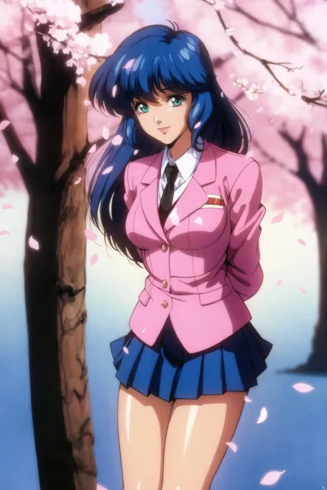 lynn minmay, macross, 1girl, solo, long hair, looking at viewer, smile, blue eyes, skirt, long sleeves, school uniform, green eyes, blue hair, jacket, pleated skirt, necktie, socks, miniskirt, blue skirt, kneehighs, petals, leaning forward, feet out of frame, arms behind back, pink background, blazer, cherry blossoms, retro artstyle, 1980s (style)