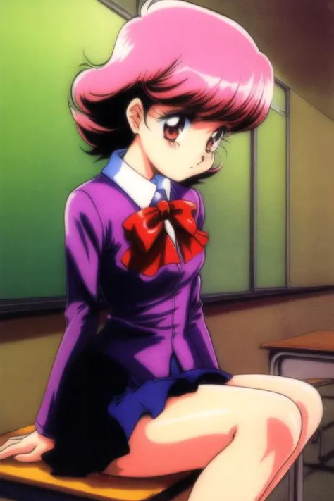 masterpiece:1.2, best quality, Yukari, school uniform, bow, skirt, class room, dark, night, sitting on desk, upper body, front view, urushihara satoshi, retro artstyle, 1980s \(style\), <lora:add_detail:1.0>, <lora:perkyBreasts_v10:0.75>, <lora:persona3_takeba-13:0.8>, <lora:breastsizeslideroffset:-0.25>