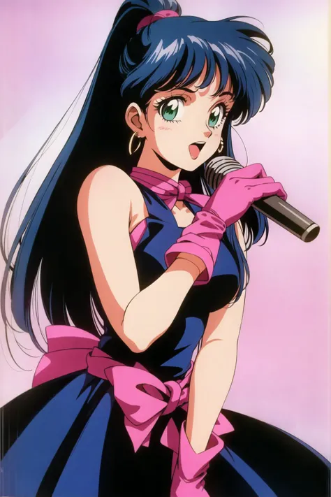 lynn minmay, macross, 1girl, solo, long hair, looking at viewer, smile, open mouth, skirt, simple background, gloves, white background, dress, bow, jewelry, green eyes, blue hair, earrings, short dress, microphone, music, retro artstyle, singing, idol, pink gloves, 1980s (style)