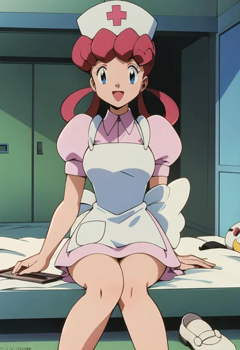 1980s \(style\), (masterpiece, best quality:1.2),nurse joy, pokemon, blue eyes, long hair, pink hair, short sleeves, nurse, puffy short sleeves, middle breasts, puffy sleeves,  nurse cap, 1girl, smile, solo, hat,white  dress, apron, hair rings, clipboard <lora:JOY-10:0.8>,indoors,bed, sitting, light smile, :d,shoes,