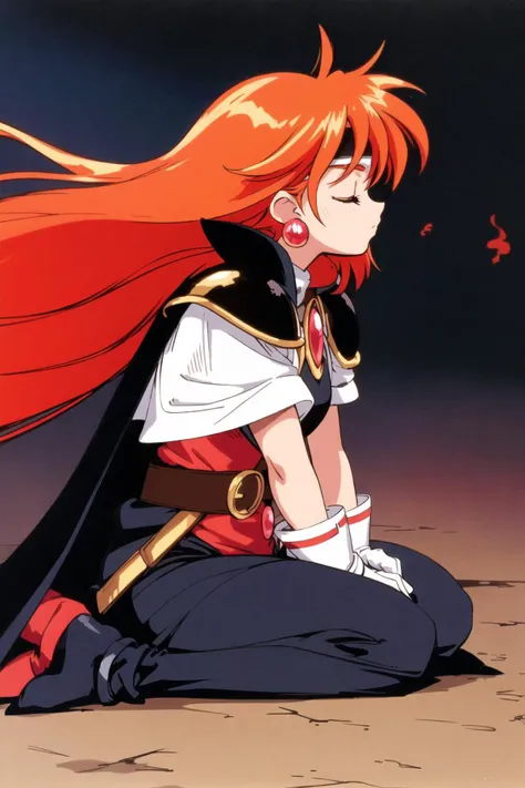 night shot of lina inverse, 1girl, solo, long hair, breasts, bangs, sitting, ((on ground)), ((full body)), gloves, jewelry, closed eyes, upper body, short sleeves, red hair, earrings, belt, white gloves, cape, orange hair, armor, from side, profile, floating hair, headband, shoulder armor, gem, pauldrons, black cape, retro artstyle, hands on own chest, 1990s \(style\). Dark, lit, moody, mysterious