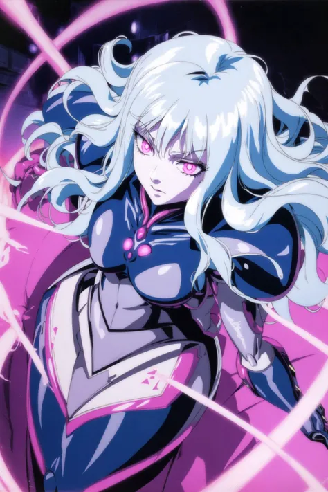 slan (berserk), 1girl, solo, Boredom vibe, A vibrant and futuristic cyborg girl sporting silver armor, glowing violet eyes, and an intricate network of neon circuitry, posing confidently with smoke billowing around, in a hi-tech metropolis backdrop, 1990s (style), from above, candlelight lighting, ND filter, retro artstyle