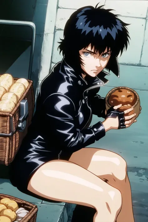 1girl, solo, looking at viewer, short hair, bangs, black hair, gloves, holding, sitting, closed mouth, jacket, weapon, food, black gloves, fingerless gloves, coat, grey eyes, blood, serious, basket, retro artstyle, bread, kusanagi motoko