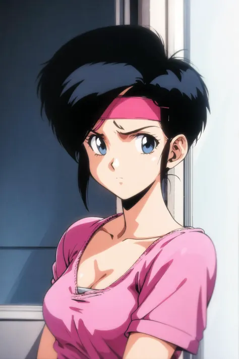 linna yamazaki, 1girl, solo, breasts, looking at viewer, short hair, blue eyes, black hair, cleavage, medium breasts, closed mouth, collarbone, upper body, short sleeves, small breasts, indoors, black eyes, window, headband, pink shirt, serious, retro artstyle, 1990s \(style\), 1980s \(style\), blinds