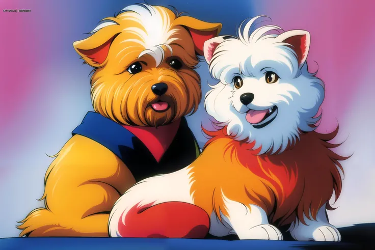 1980s \(style\), by hirano toshihiro, happy white dog, yorkshire terrier,