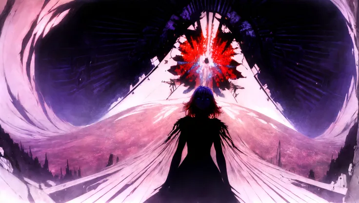 (absurdres, highres), extremely detailed, ultra detailed, Break, sharp lighting, (infrared photography, surreal colors, surreal landscapes), vibrant colors, ethereal, high contrast, otherworldly, caustics, surreal lighting, Break, (1girl), messy hair, Break, (fractal wasteland), luminescent, bio luminescent, extremely detailed eyes, from below, smirk, destroyed buildings, fire, damaged fragmented armored dress