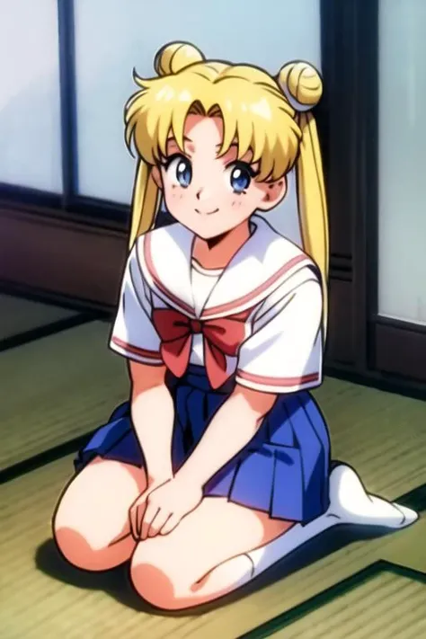 (usagi tsukino:1.1), 1girl, solo, (young, child:1.2), hair buns, twintails, looking at viewer, bangs, blonde hair, bow, ribbon, sitting, blue eyes, hair ribbon, ponytail, hair bow, indoors, seiza, retro artstyle, tatami, 1990s \(style\), (school uniform:1.3), smile, blue skirt, hands on lap
