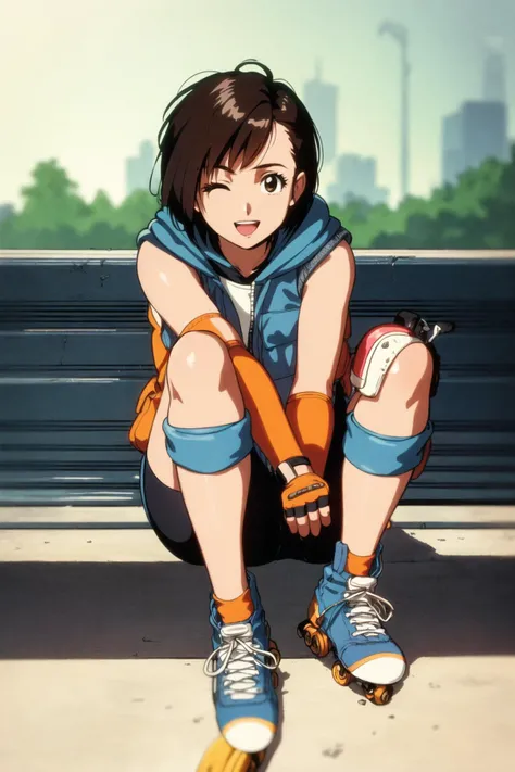 1girl, solo, looking at viewer, smile, short hair, open mouth, bangs, brown hair, shirt, gloves, brown eyes, sitting, jacket, full body, short sleeves, outdoors, one eye closed, shorts, day, black gloves, hood, fingerless gloves, blurry, black eyes, vest, hoodie, blurry background, bob cut, hood down, ;d, helmet, denim, ground vehicle, bike shorts, motor vehicle, headwear removed, knee up, blue shorts, denim shorts, blue footwear, retro artstyle, bench, hugging own legs, knee pads, on ground, 1990s (style), motorcycle, bicycle, elbow pads, skates, helmet removed, roller skates, park bench, sleeveless hoodie, on bench, park, motorcycle helmet, orange hoodie, inline skates, sitting on bench, orange vest, bike shorts under shorts