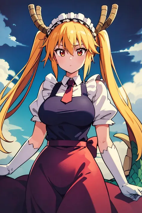 (masterpiece, best quality), 1girl, <lora:Tohru:1> tohru, 1girl, long hair, horns, dragon horns, solo, dragon girl, twintails, looking at viewer, maid headdress, slit pupils, large breasts, maid, gloves, white gloves, hair between eyes, tail, dragon tail, short sleeves, dress, scales