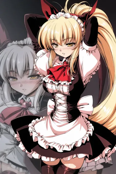 1girl, long hair, blush, short hair, blue eyes, multiple girls, skirt, blonde hair, hair ornament, thighhighs, long sleeves, dress, ribbon, brown eyes, very long hair, closed eyes, yellow eyes, ponytail, purple hair, white hair, frills, parted lips, black thighhighs, apron, arms up, zettai ryouiki, maid, ascot, zoom layer, by urushihara satoshi