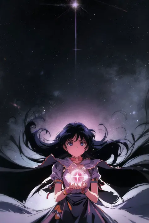 mia alice, 1girl, solo, Awe vibe, A lone figure, shrouded in darkness, gazes upwards at a mesmerizing constellation of vibrant, swirling galaxies, their fingertips aglow with cosmic energy, 1990s \(style\), retro artstyle, <lora:LowRA:0.4>