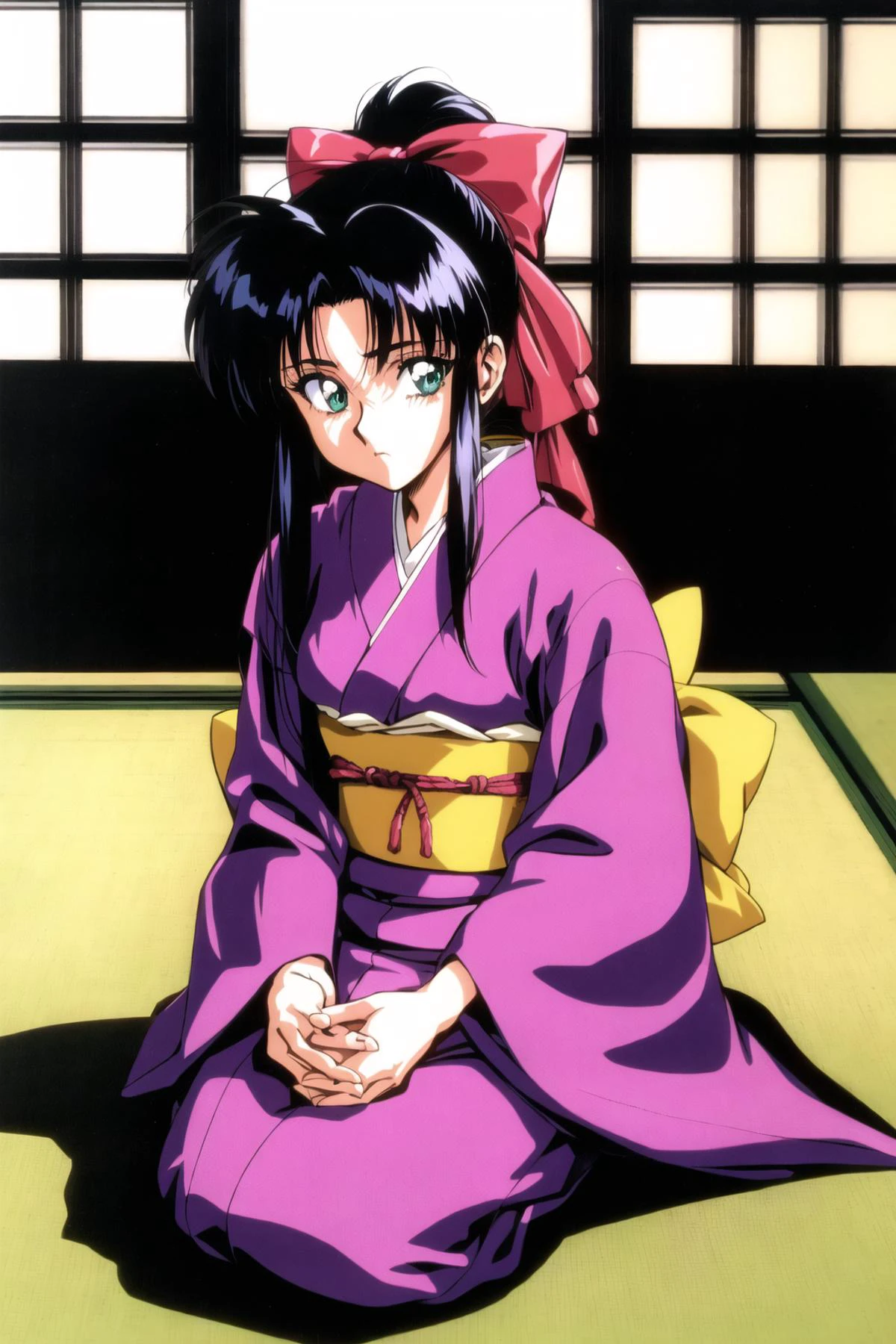 kamiya kaoru, 1girl, solo, long hair, looking at viewer, bangs, blue eyes, black hair, long sleeves, bow, ribbon, sitting, green eyes, hair ribbon, ponytail, hair bow, sidelocks, japanese clothes, indoors, kimono, sash, expressionless, obi, own hands together, pink bow, seiza, retro artstyle, tatami, purple kimono, 1990s \(style\), obijime, obiage, hands on lap