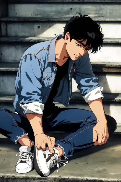 solo, shirt, black hair, 1boy, sitting, jacket, full body, male focus, open clothes, shoes, pants, water, black footwear, open jacket, looking down, denim, sneakers, sleeves rolled up, jeans, stairs, retro artstyle, sitting on stairs