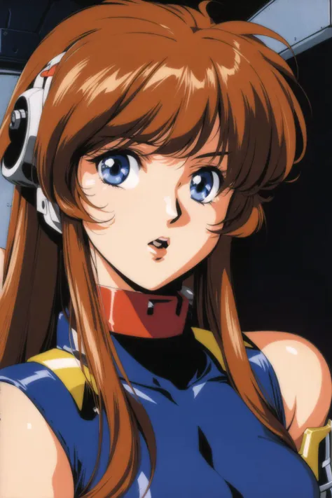 mia alice, dangaiou, by hirano toshihiro, 1girl, solo, long hair, looking at viewer, open mouth, bangs, blue eyes, brown hair, bare shoulders, upper body, parted lips, sleeveless, :o, uniform, lips, turtleneck, robot, portrait, mecha, close-up, armlet, science fiction, retro artstyle, pilot suit, space, 1980s (style), cockpit