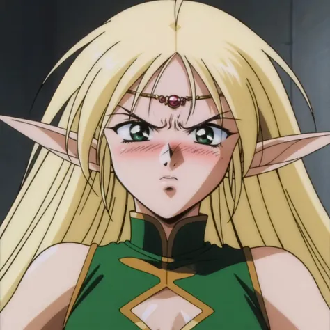 (masterpiece, best quality) 1990s \(style\), anime screencap, 1girl, solo, Deedlit, blonde hair, very long hair, elf, pointy ears, green eyes, green sleeveless dress, medium breasts, circlet, upper body, blush, angry, dynamic pose, <lora:Deedlitv10:0.3>, <lora:WordsWorth-128-64-64-8:0.7>