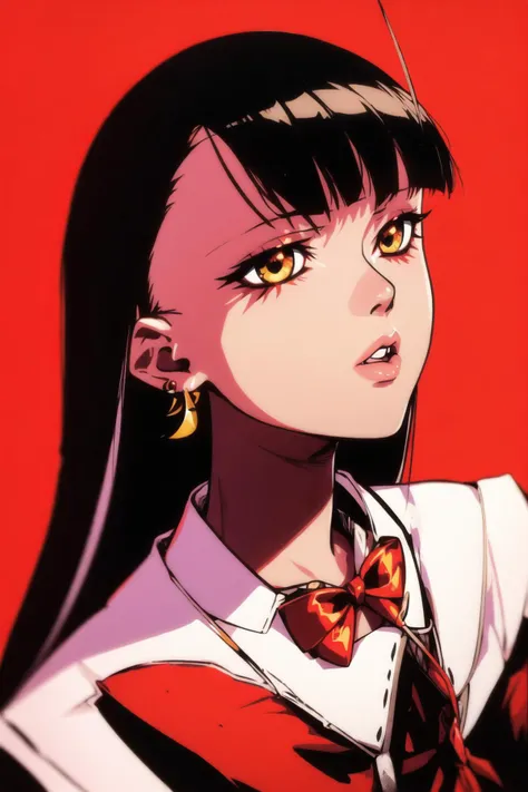 (((sawa (kite)))), a kite, 1girl, solo, long hair, short hair, black hair, bow, ribbon, jewelry, upper body, earrings, parted lips, dark skin, bowtie, red bow, red ribbon, lips, shadow, crescent, black background, red bowtie, portrait, close-up, head out of frame, crescent earrings