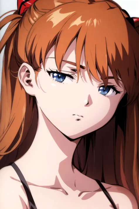 souryuu asuka langley, 1girl, solo, long hair, looking at viewer, bangs, blue eyes, brown hair, dress, bare shoulders, closed mouth, collarbone, upper body, red hair, orange hair, frown, half-closed eyes, portrait, close-up, spaghetti strap