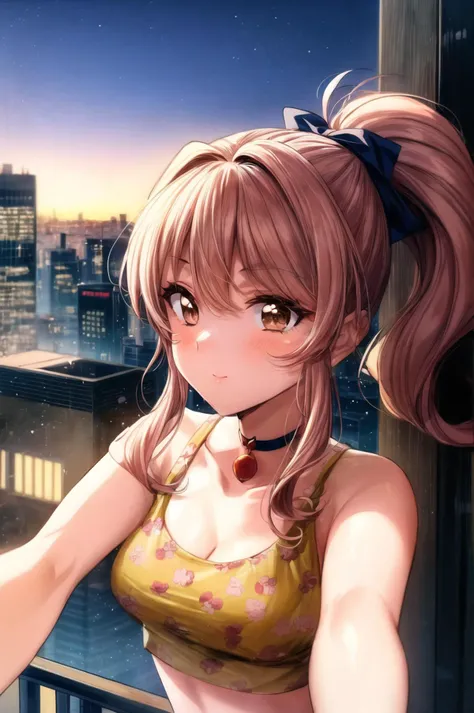 1woman, 30 years old, capturing herself in a trendy crop top with quirky prints, with a sleek high ponytail in natural brown. Her expressions range from a playful wink, adding personality to each shot. The background is a cityscape from her balcony, reflecting her lifestyle or interests. She accessorizes with a series of chokers, enhancing the selfie's visual appeal. Each photo features soft lighting to capture her in the casual, intimate style of a selfie, while still flaunting the distinctive flair of 90s anime <lora:add_detail:0.99><lora:RMSDXL_Creative:3><lora:xl_more_art-full_v1:0.9>.