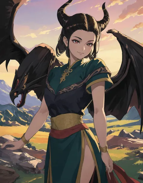 1990S (STYLE) , RETRO ARTSTYLE, (art by Huang Guangjian:0.9) , ground level shot of a Young Maleficent, at Golden hour, Ultrarealistic, Smirking, 64K, (masterpiece:1.2) (best quality:1.2) (detailed) (intricate) (8k) (HDR) (cinematic lighting)
