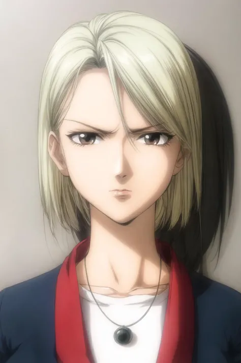 1woman, in her thirties, portrayed in a professional suit, with neatly styled hair in soft blonde. Her expression is neutral with a hint of sternness, appropriate for official documentation. The backdrop is uniformly pale green, maintaining the standard for ID photos. Her look is completed with a discreet necklace, adhering to the minimalistic style typical of ID photographs. Each image utilizes minimal shadows to ensure facial features are prominent and the overall mood matches that of a 90s anime character designed for official identification purposes. <lora:add_detail:0.99>.