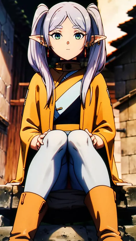 masterpiece, best quality, high resolution, highly detailed, HDR, intricate detail, ultra detailed,
BREAK
<lora:FrierenMoeWaifu974:0.8>_pointy ears_green eyes_white hair_sidelocks_ twintails_fair skin_small breasts
BREAK
(earring:1.4)
BREAK
(sitting_pose:1.4)_( boots, half boots, pantyhose_long robe:1.4)