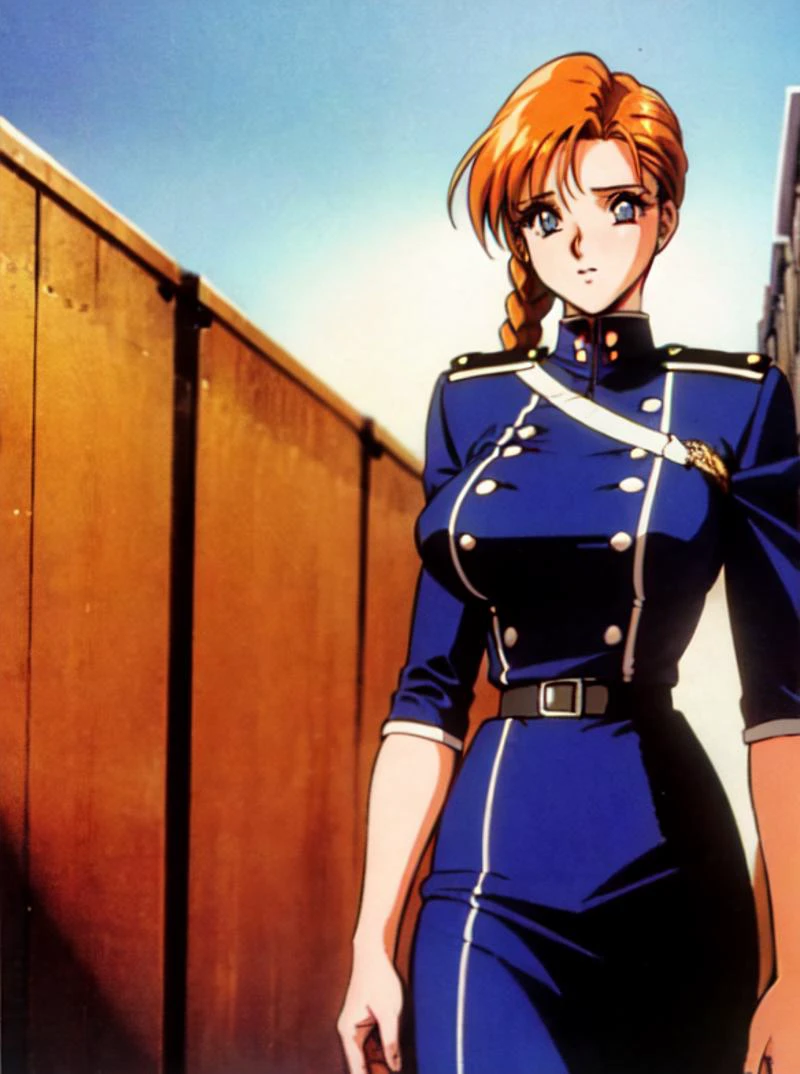 1990s \(style\), retro artstyle, 1girl, solo, dark eyes, tall, orange hair, braided hair, fringe, large breasts, blue military outfit, <lora:Shiro Masamuneloha:0.4>