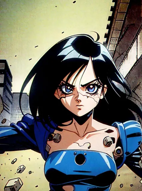 1990s \(style\), retro artstyle, 1girl, solo, fringe, black frizzy hair, upper body, cyborg, cyborg seams, metal armour, torn jacket, metal bits, complicated hardware, \(battle angel alita style), destroyed city background, <lora:robot-seams:0.6>