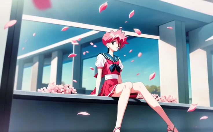 (slayers), mirror's edge style, clean and futuristic architecture, minimalist design, bright bold colors, red accents, a woman sitting on a bench, pink hair, sailor uniform, sakura petals floating in the air, beautiful morning sunlight, retro artsyle