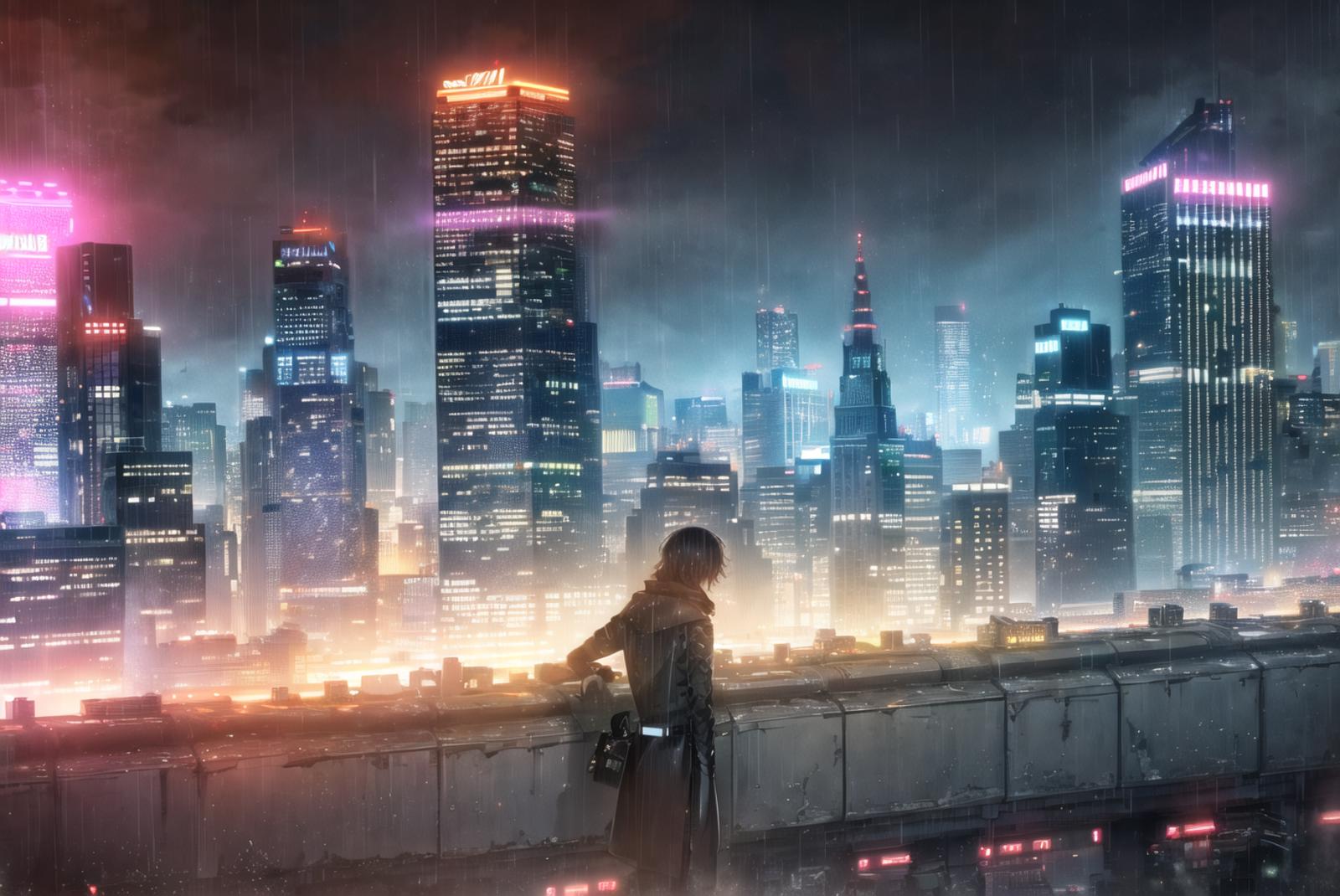 A woman standing on a ledge looking at a city at night - SeaArt AI