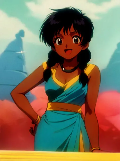1990s \(style\), retro artstyle, 1girl, indian complexion, tanned, short, black hair, fringe, bangs, braid, indian saree, jewelry, \(studio ghibli style\), :d,, <lora:add_detail:0.5>, <lora:boldline:-0.2>, <lora:noline:0.3>, 1girl, solo,